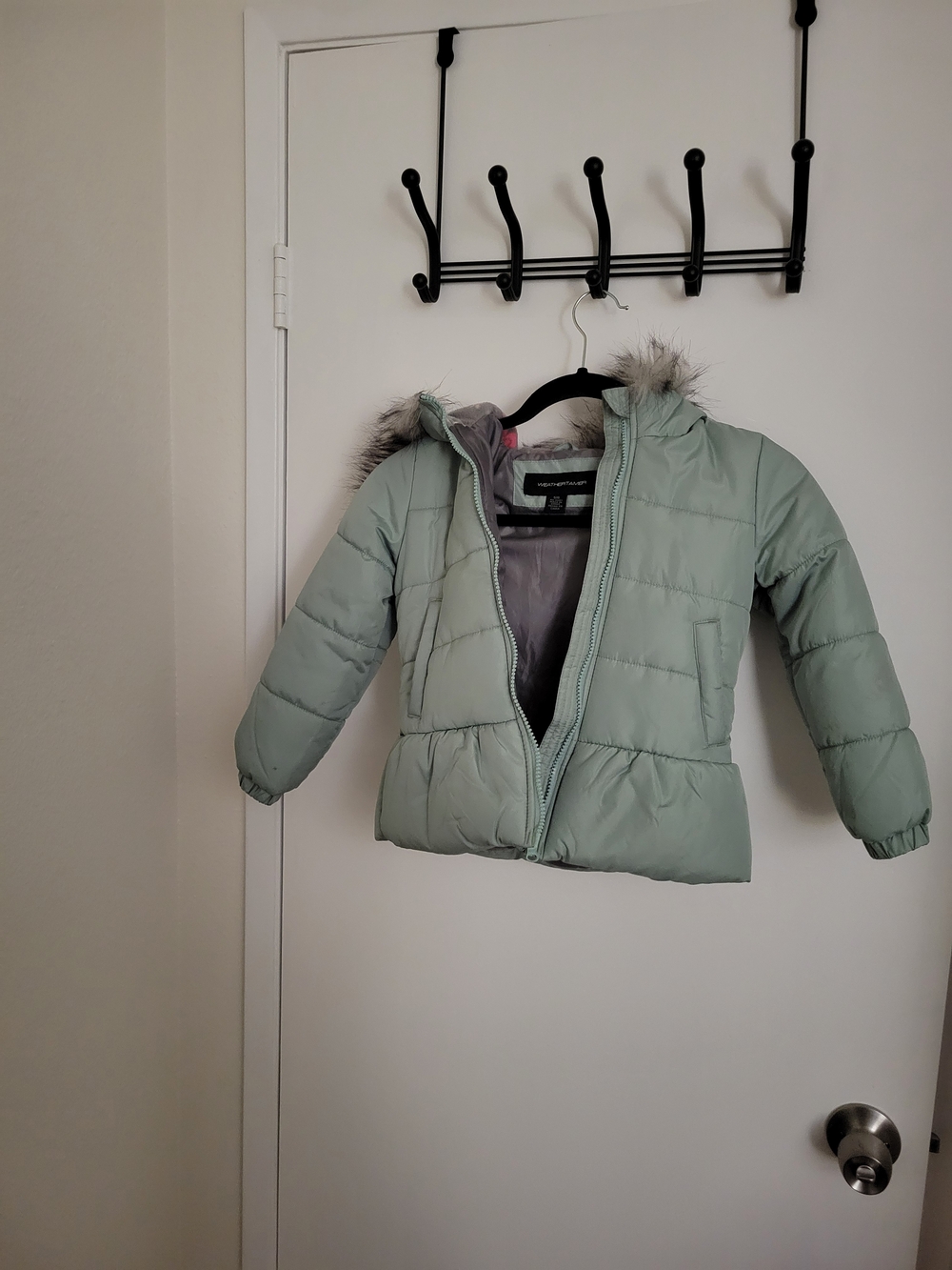 Gently Used Girls' Light Mint Puffer Jacket with Faux Fur Hood - Size 5/6